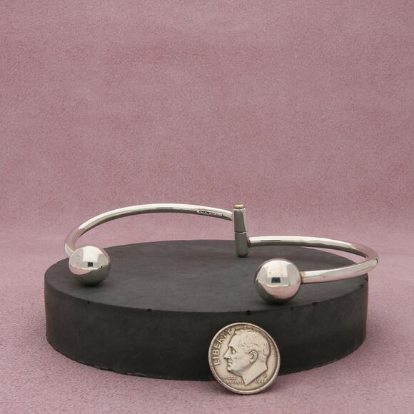 mexico sterling silver vintage bead end adjustable bangle bracelet size 6.75in - Picture 2 of 3